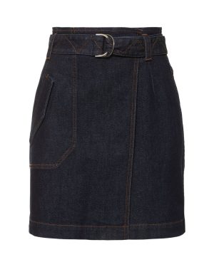 Pleated Belted Denim Mini Wrap Skirt