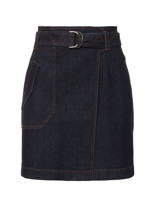 Pleated Belted Denim Mini Wrap Skirt