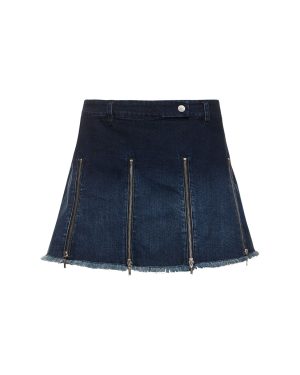 Pleated Denim Mini Skirt W/ Zips