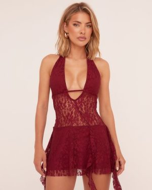 Plunge Frill Detail Mini Dress In Red Lace, Women's Size UK Medium M
