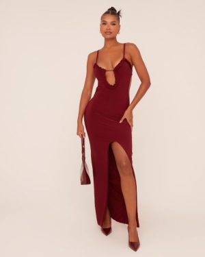 Plunge Frill Edge Detail Cut Out Side Split Maxi Dress In Burgundy Slinky, Women's Size UK 10