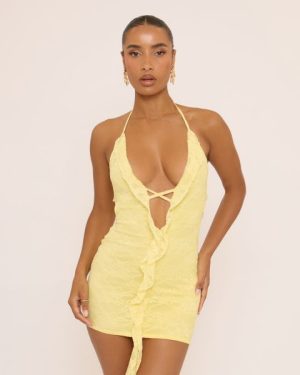 Plunge Halterneck Frill Detail Bodycon Mini Dress In Yellow, Women's Size UK 6