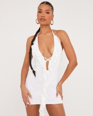 Plunge Halterneck Frill Detail Mini Bodycon Dress In White Lace, Women's Size UK 4