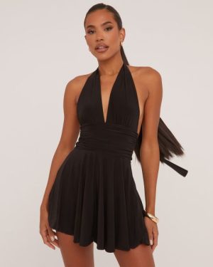 Plunge Halterneck Open Back Flippy Hem Mini Skater Dress In Black Slinky, Women's Size UK 4