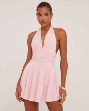 Plunge Halterneck Open Back Flippy Hem Mini Skater Dress In Pastel Pink Slinky, Women's Size UK 4