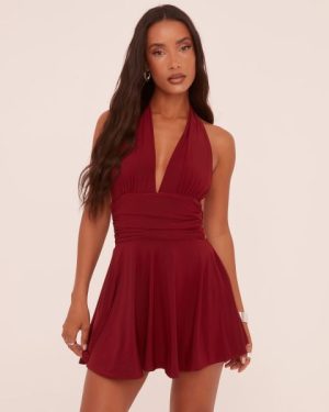 Plunge Halterneck Open Back Flippy Hem Mini Skater Dress In Wine Slinky, Women's Size UK 4