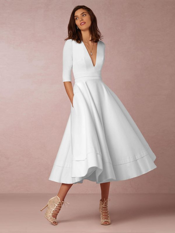 Plunge Midi Dress Half Sleeves Pockets A-Line Prom Dresses In Burgundy