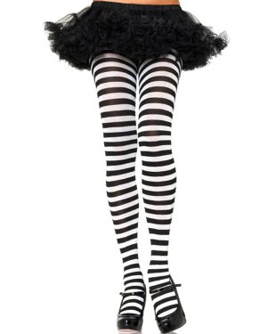 Plus Size Black / White Women's Striped Tights | Fancy Dress Costume Tights