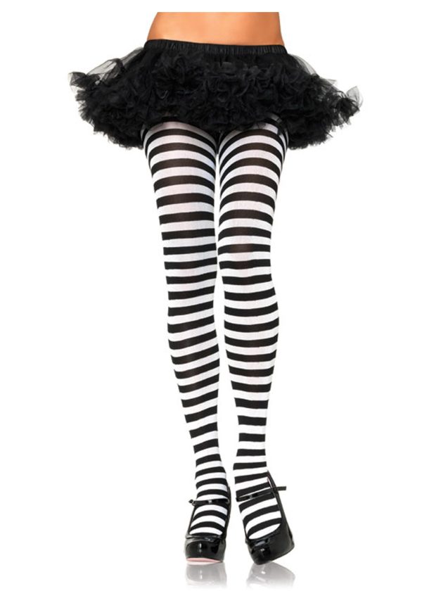 Plus Size Black / White Women's Striped Tights | Fancy Dress Costume Tights