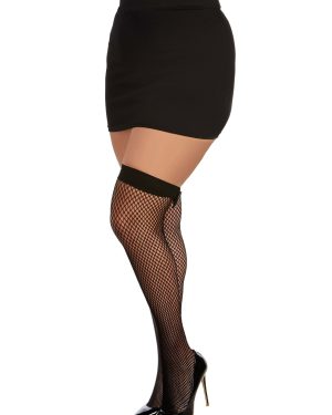 Plus Size Diamond Net Fishnet Thigh High Stockings, Black with Back Seam and Vinyl Bow