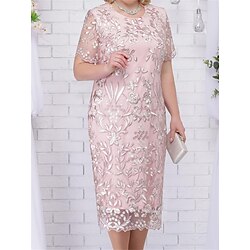 Plus Size Dress Mother of the Bride Curve Dress Elegant Crew Neck Tea Length Lace Short Sleeve with Solid Color 2025