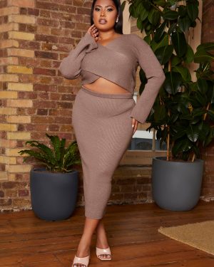 Plus Size Flute Sleeve Wrap Detail Rib Knit Top in Mocha - XXL
