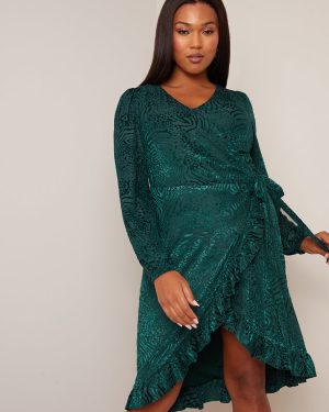 Plus Size Long Sleeve Animal Devore Wrap Dress in Green - 26