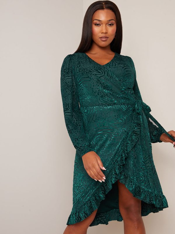Plus Size Long Sleeve Animal Devore Wrap Dress in Green - 26