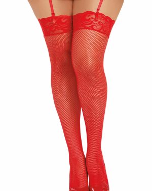 Plus Size Red Women's Thigh High Fishnet Stockings with Lace Top | Fancy Dress Costume Tights
