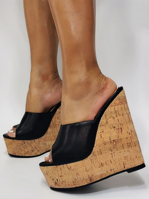 Plus Size Sexy High Heel Sandals Black PU Leather Wedge Heel Sexy Shoes Plus Size Shoes