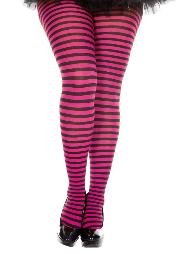 Plus Size Women's Black & Hot Pink Striped Tights | Fancy Dress Costume Tights