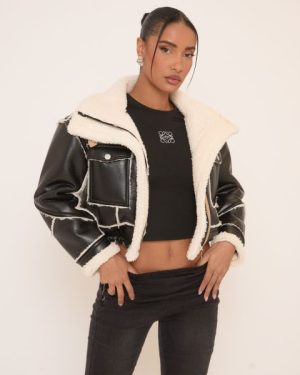 Pocket Detail Faux Shearling Aviator Jacket In Black, Women's Size UK Small S