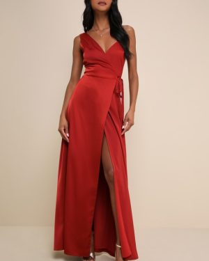 Poised Sophistication Rust Red Satin Wrap Maxi Dress