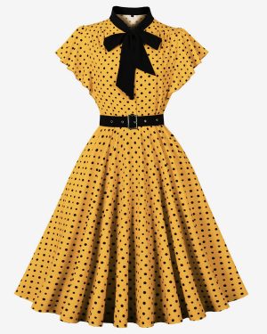 Polka Dot Shirt Dress With Tie And Belt Flutter Sleeve Vintage Midi Dress For Women 2025