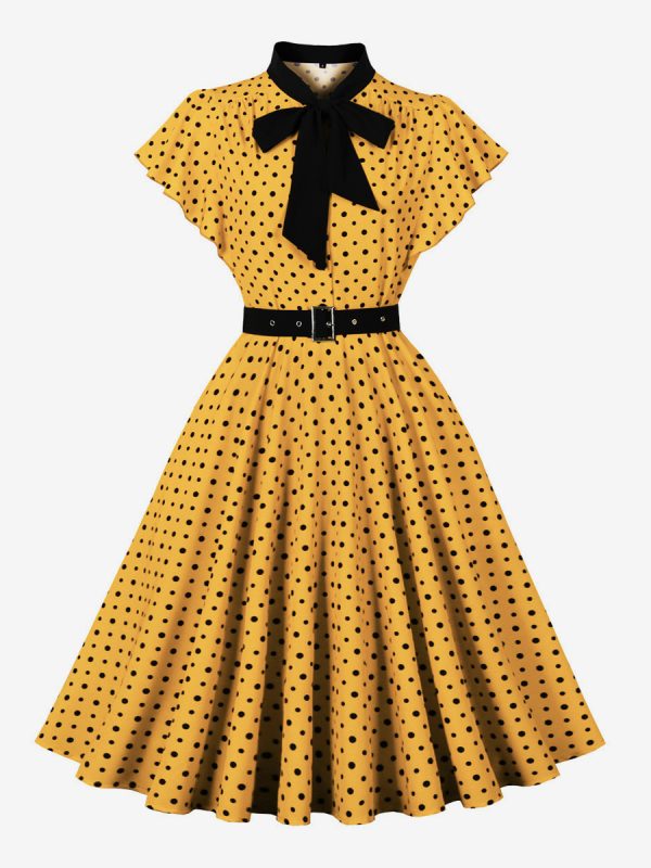 Polka Dot Shirt Dress With Tie And Belt Flutter Sleeve Vintage Midi Dress For Women 2025
