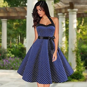 Polka Dots Retro Vintage 1950s Knee Length Dress Rockabilly Halter Polka Dot Women's Homecoming Bachelorette Party Adults' Dress Homecoming Dresses Summer