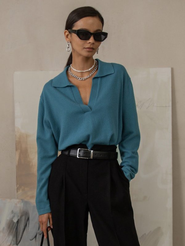 Polo Collar Knit Sweater V-neck Long Sleeve Tops For Women 2025