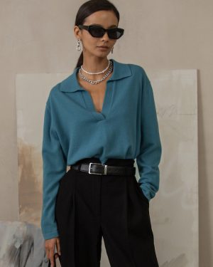 Polo Collar Knit Sweater V-neck Long Sleeve Tops For Women 2025