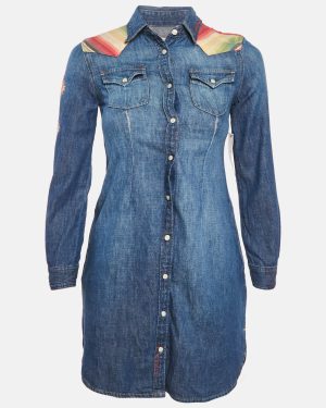 Polo Ralph Lauren Blue Embroidered Denim Shirt Dress XS
