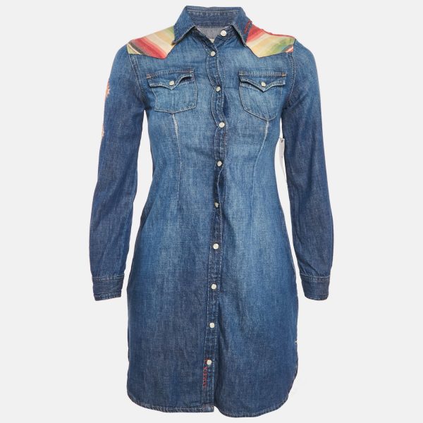 Polo Ralph Lauren Blue Embroidered Denim Shirt Dress XS