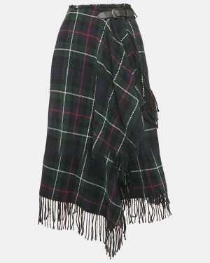 Polo Ralph Lauren Green Plaid Wool Fringe Trim wrap Skirt M