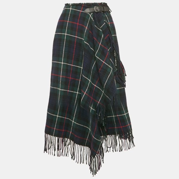 Polo Ralph Lauren Green Plaid Wool Fringe Trim wrap Skirt M