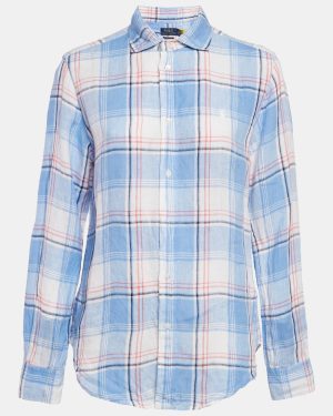 Polo Ralph Lauren Plaid Blue Linen Button Front Shirt M