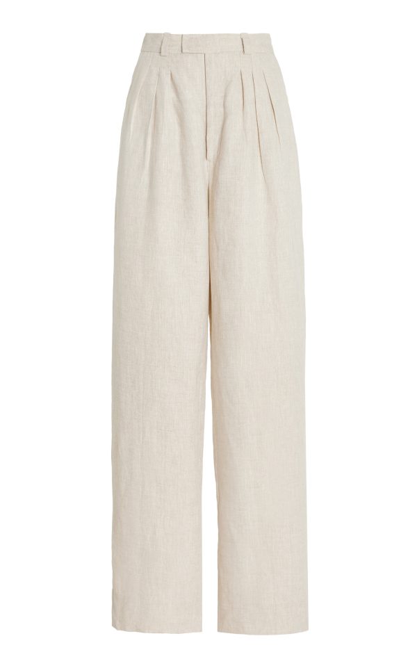 Posse - Exclusive Louis Pleated Linen Wide-Leg Trousers - Neutral - M - Moda Operandi