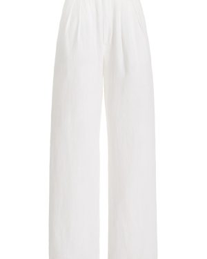 Posse - Louis Pleated Linen Straight-Leg Pants - Ivory - S - Moda Operandi
