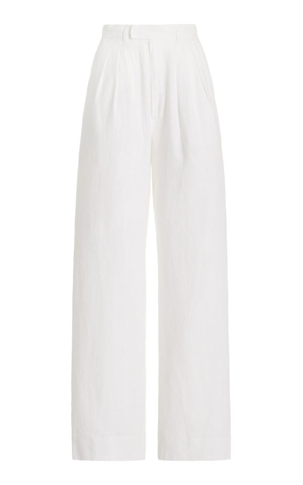 Posse - Louis Pleated Linen Straight-Leg Pants - Ivory - S - Moda Operandi