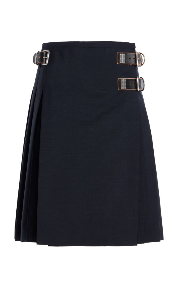 Prada - Belt-Detailed Pleated Wool-Blend Midi Skirt - Blue - IT 40 - Moda Operandi