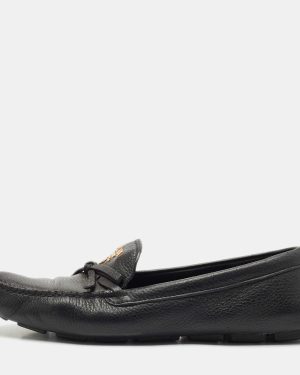 Prada Black Leather Bow Logo Embellished Slip On Loafers Size 40
