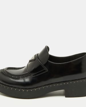Prada Black Leather Triangle Logo Monolith Platform Loafers Size 37