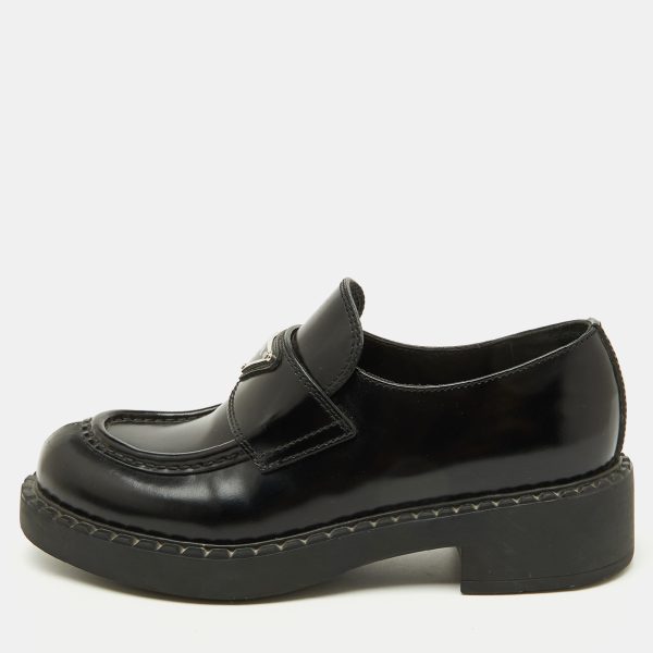 Prada Black Leather Triangle Logo Monolith Platform Loafers Size 37