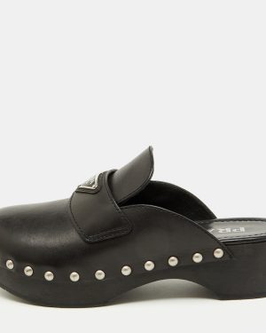 Prada Black Leather Triangle Logo Studded Platform Clogs Size 38