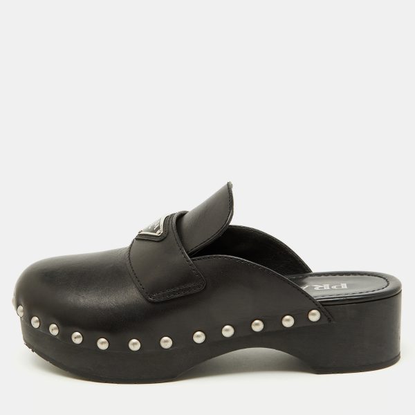Prada Black Leather Triangle Logo Studded Platform Clogs Size 38