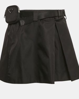 Prada Black Nylon Pouch Belted Mini Skirt M