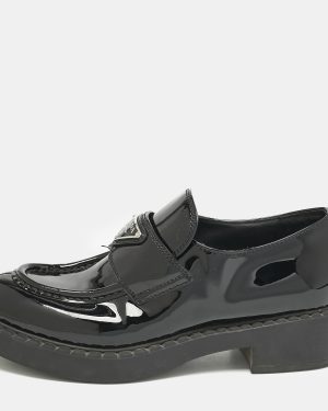 Prada Black Patent Leather Triangle Logo Slip On Loafers Size 37