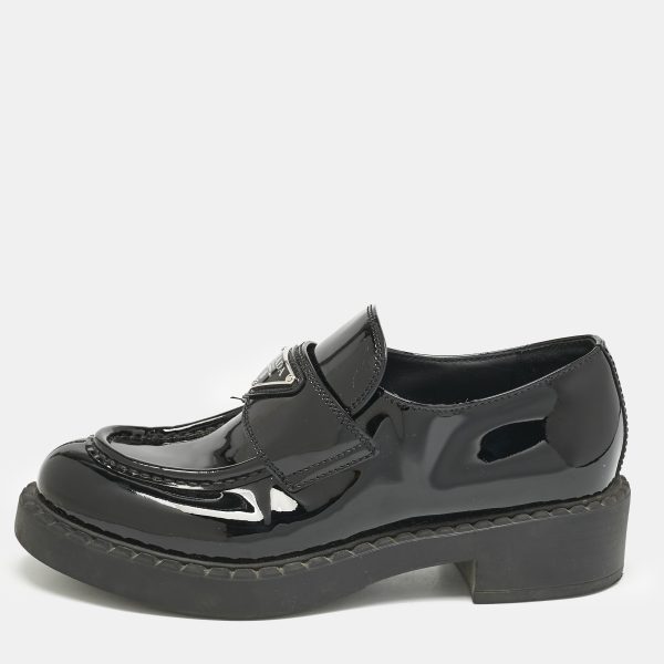 Prada Black Patent Leather Triangle Logo Slip On Loafers Size 37
