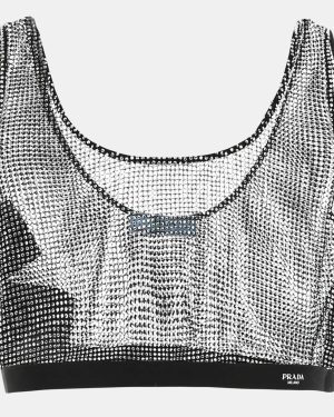 Prada Black Rhinestone Mesh Sheer Crop Top M