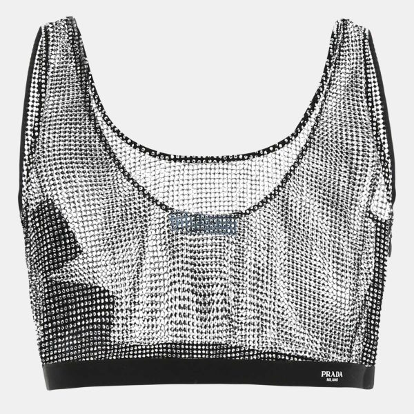 Prada Black Rhinestone Mesh Sheer Crop Top M