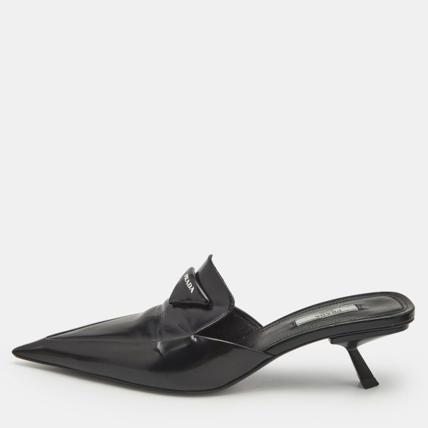 Prada Black Saffiano Leather Logo Mules Size 40