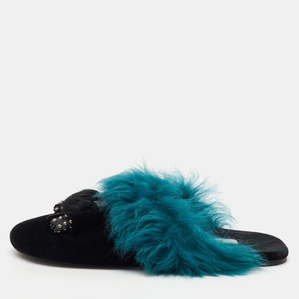 Prada Black/Teal Velvet and Fur Tassel Flat Mules Size 38