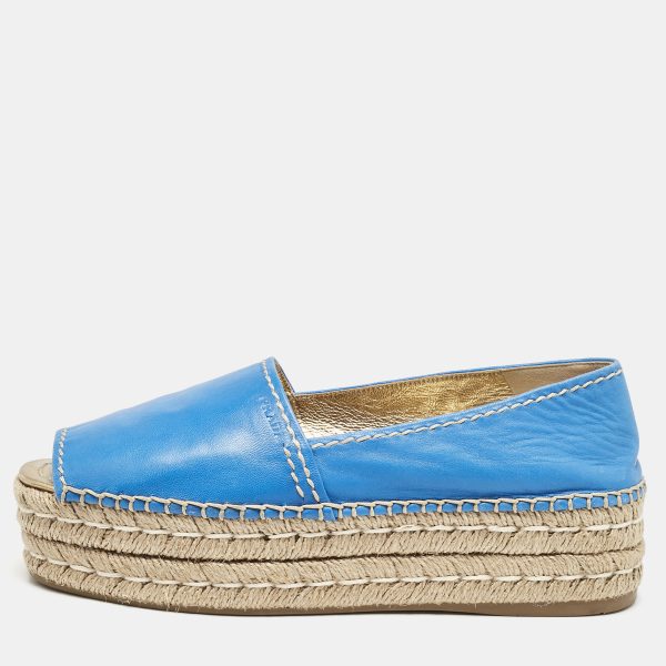 Prada Blue Leather Open Toe Platform Espadrilles Size 39